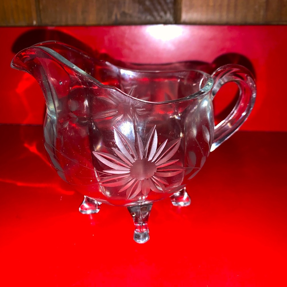 Beautiful Cut & Etched Legged Creamer Pitcher Manganese Glow